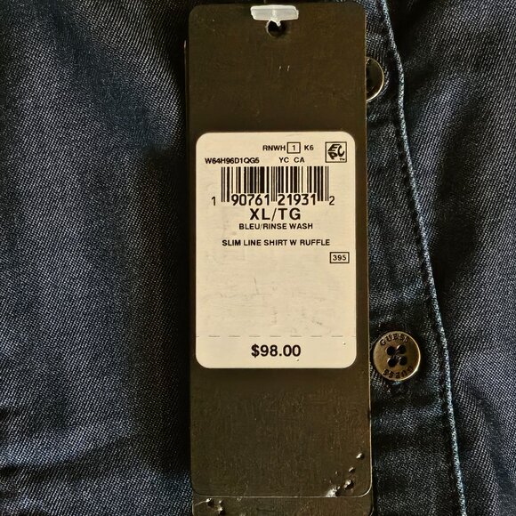 NWT GUESS Blue Denim Slim Line with Ruffle Button Down Long Sleeve Shirt Size XL - Picture 8 of 13